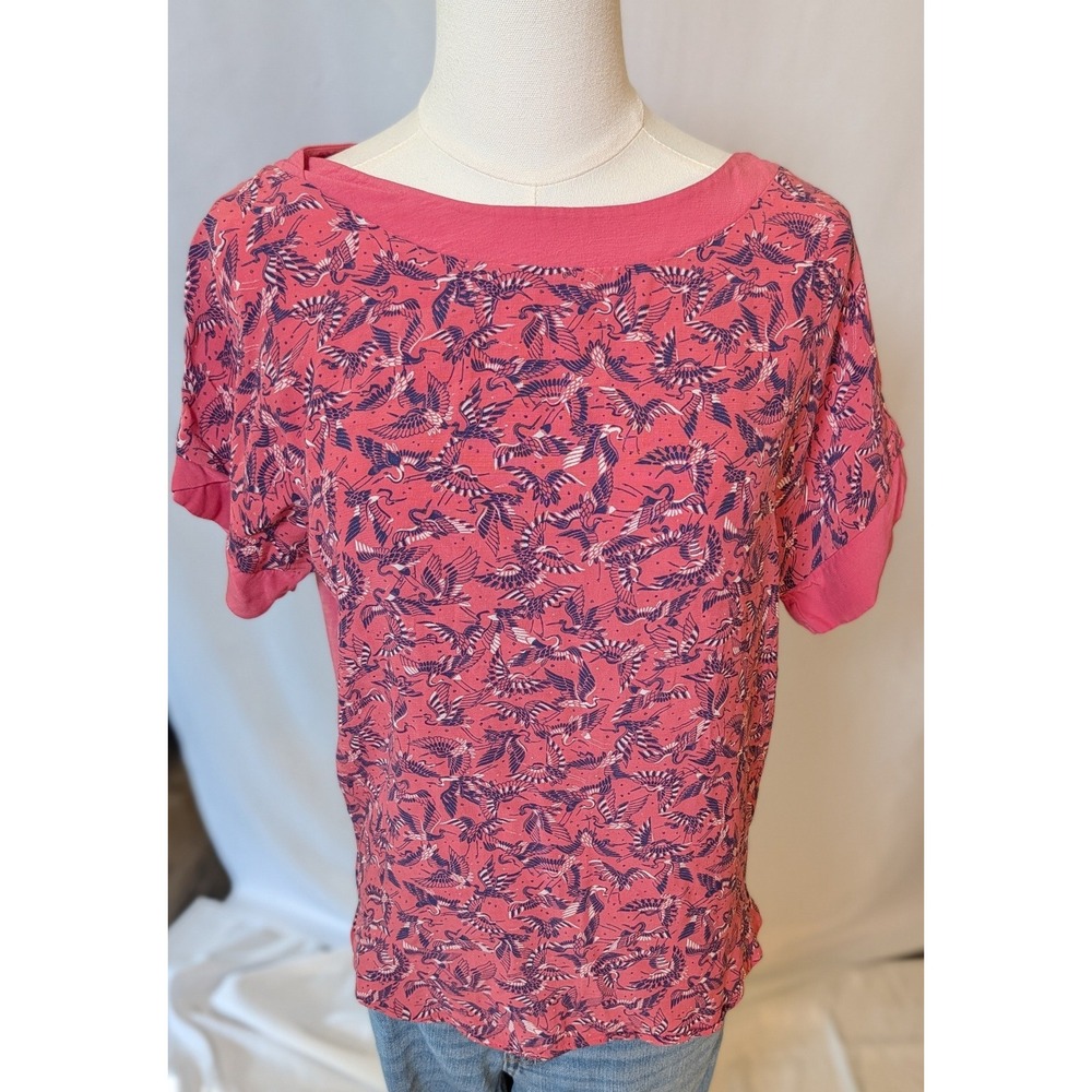 Next Womens Coral Pink Bird Print Mixed Media Short Sleeve Scoop Neck Top Size 8